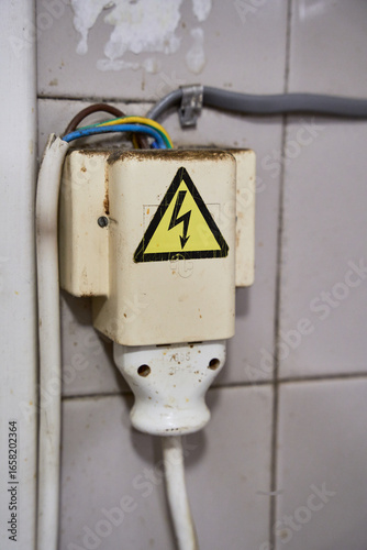 Old Electrical Outlet with Plug on a Tiled Wall
