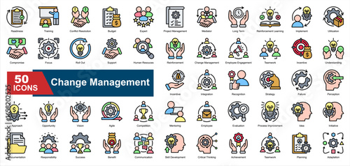 A collection of Change Management icons. Includes adaptation, teamwork, planning, strategy, employee engagement, and more. Ideal for business illustrations and presentations.