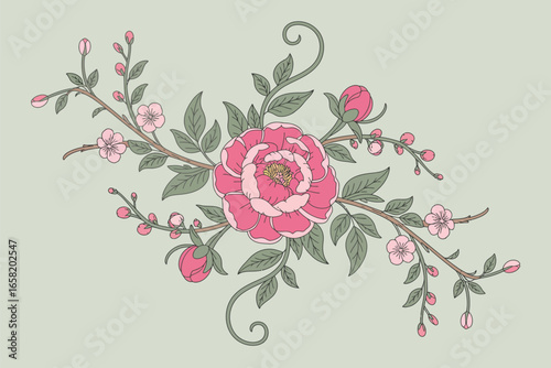 A floral arrangement featuring a large pink flower with branches and smaller pink blossoms design art
