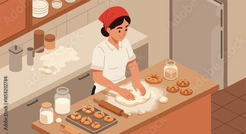 Woman shaping dough on a counter in a kitchen, for baking products or recipes