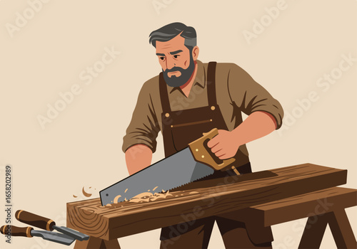 Carpenter saws wood on trestle table indoors, creating shavings, woodworking