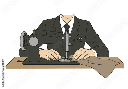 Tailor in a suit sewing fabric on old machine. Seamstress skill promotion