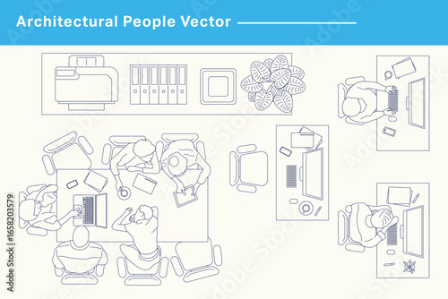 CAD Drawings. Set office scene outlines isolated on white background. Vector illustration.	