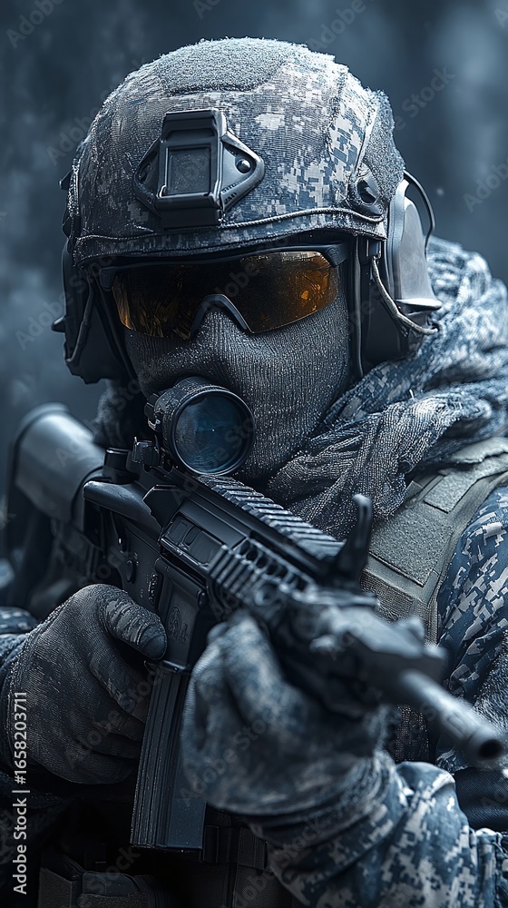 Fototapeta premium Close-up of a soldier aiming a rifle.