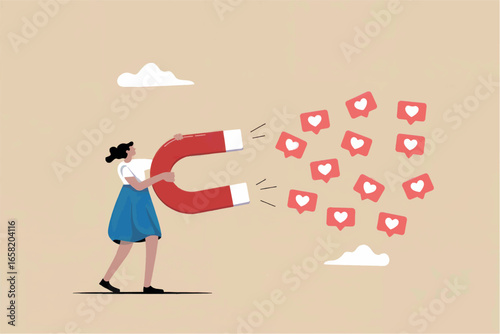 Woman attracting social media likes and hearts with a large horseshoe magnet concept art for digital engagement