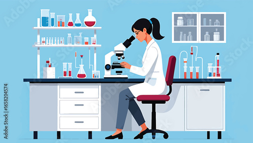Dedicated female scientist intently working with a microscope in a modern, well-equipped laboratory, conducting vital research and scientific analysis.