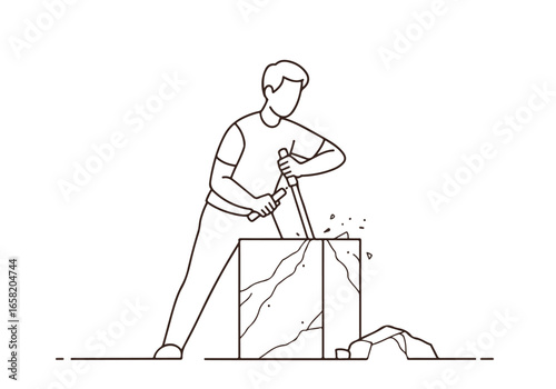 Line art of a man carving rock, chips flying for sculpture or construction