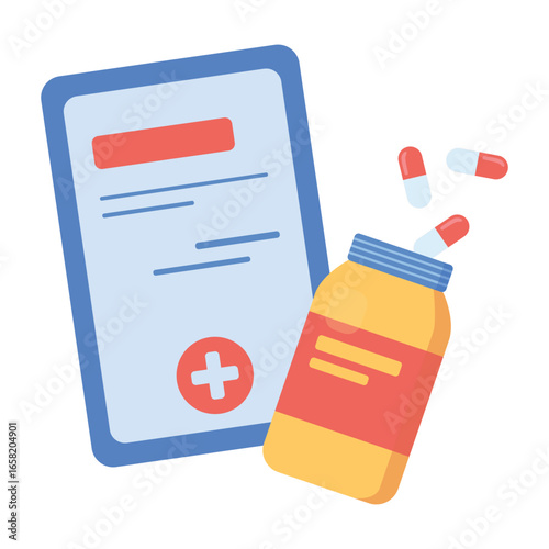 Medical document with a bottle of prescribed pills vector flat illustration