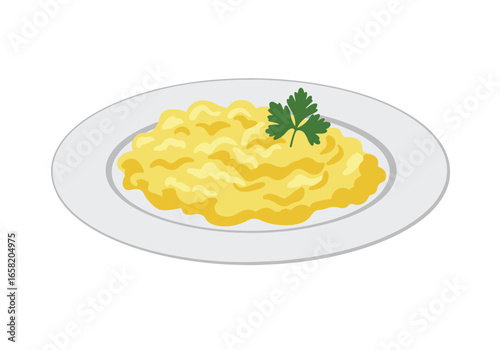 Scrambled Eggs with Parsley Garnish on Plate with White Background, Recipe Template
