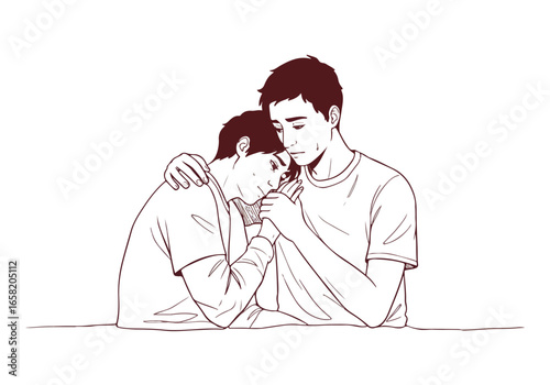 Two men hugging on white background. Use web, print