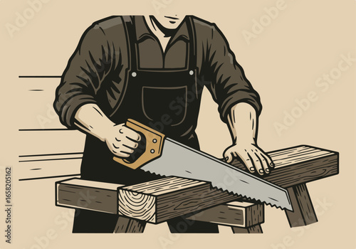 Handyman sawing wood on a workbench, carpentry for creative projects