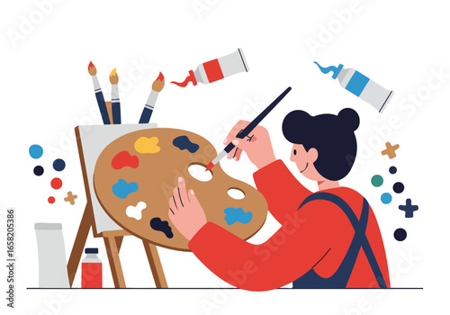 Artist blending paint on a palette near easel with floating colors. For web use