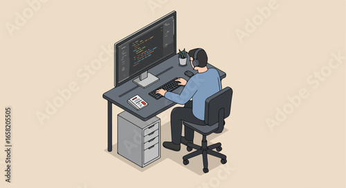 Coder working at desk. Programming language displays behind. Isometric. Useful for IT