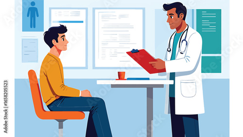 Doctor consulting with a patient in a clinic, discussing medical results on a clipboard