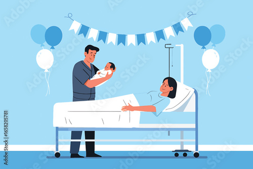 Newborn baby arrival celebrated by parents and medical professional in hospital ward with festive decorations