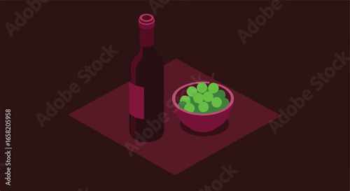 Isometric still life with bottle and grapes on table. Dark background. For menu