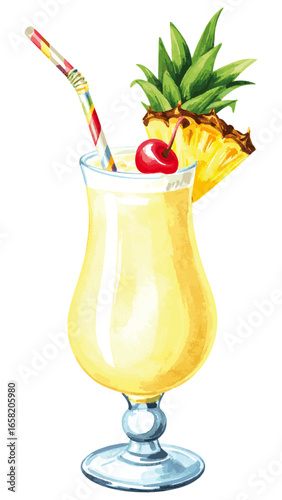 Watercolor Piña Colada Cocktail Illustration – Tropical Drink with Pineapple and Coconut