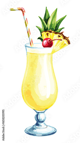 Watercolor Piña Colada Cocktail Illustration – Tropical Drink with Pineapple and Coconut