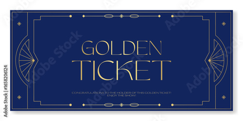 Art deco golden ticket template in a blue background. For any festive stylish event. For web and print.