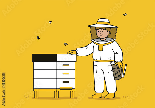 Beekeeper with Hive, Bees Flying Around. Honey Harvest Concept in Apiary, Yellow Background