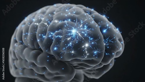 Active Human Brain, Cognitive Function, Neural Network - A 3D video of a human brain with illuminated neural pathways, showcasing cognitive activity and prefrontal cortex activation.