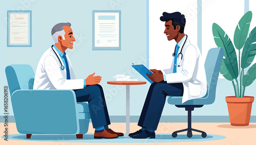 Professional healthcare discussion between two multiethnic doctors in a modern clinic office setting. Flat vector graphic illustration.