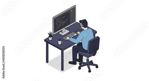 Coder types at a desk with codes on a monitor, with a plant in the back