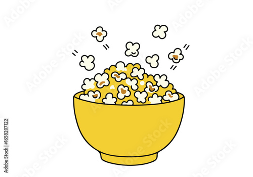 Cartoon popcorn bowl with kernels floating. Food poster or party invitation