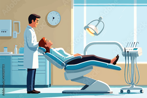 Dental Checkup Patient in Chair with Dentist, Vector Illustration