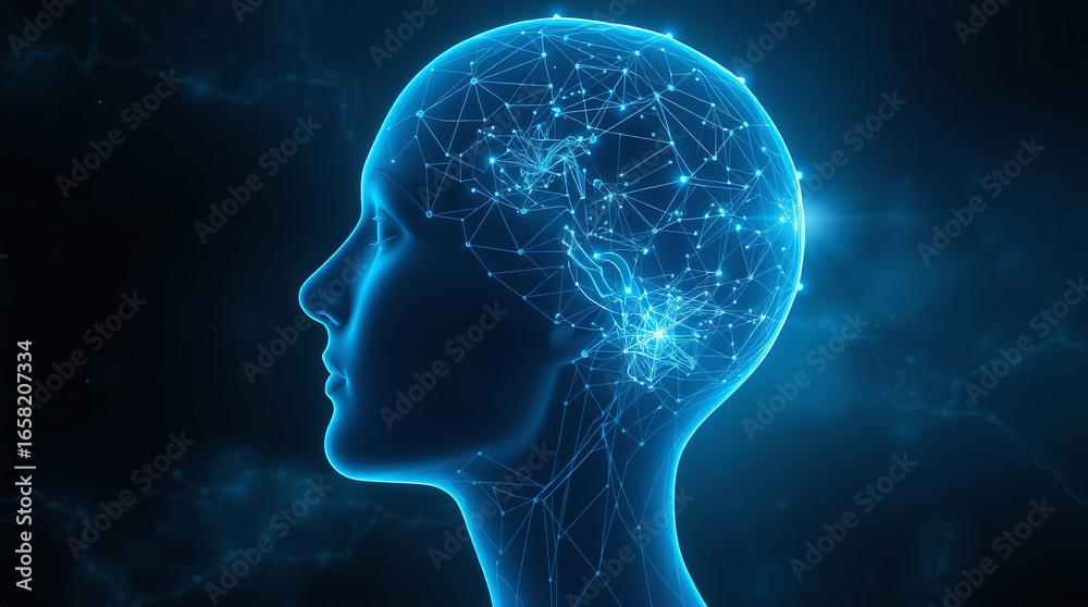 Obraz premium Ethereal digital painting of a glowing, translucent 3D wireframe human head, viewed from the side, set against a dark cosmic background. Luminous electric blue light forges new neural pathways. The st