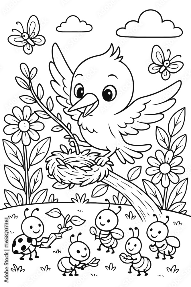 Fototapeta premium Cute Kawaii Hummingbird Line Art for Coloring Book – Hand Drawn Simple Outline Design