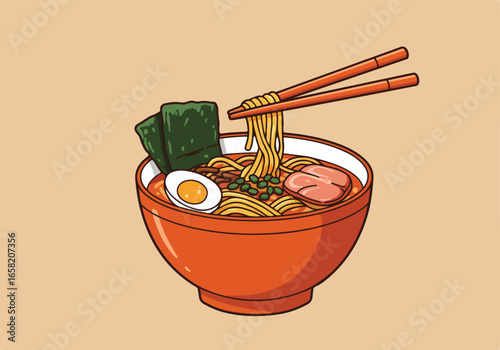 Animated Noodles lifted with sticks from ramen in a bowl with broth; Cream color background