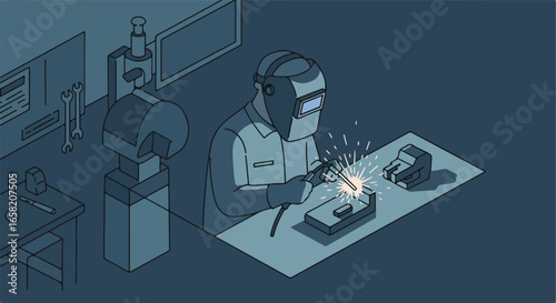 Welder welding metal in a workshop with tools and equipment in the background