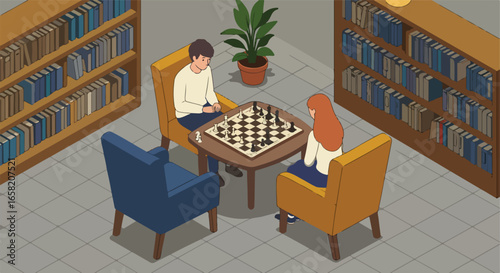 Chess game indoors two persons play at a table, bookshelves in the background