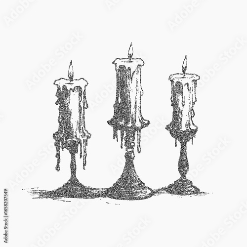 Three candles in a candlestick. Gritty object with grain overlay, faded ink blotches, and worn threshold edge. Stipple texture and scattered dust across the surface.