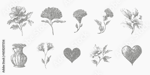 Set of hearts and flowers. Distressed figure with noisy grain rough edge and ink smudge. Faint threshold and scratch texture make the surface look aged and worn.