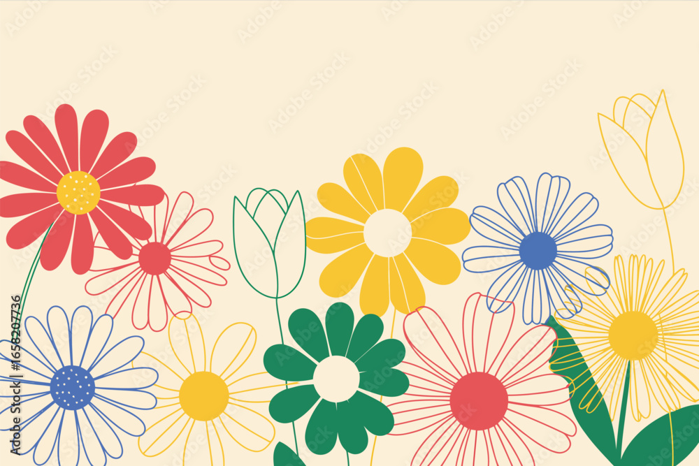 Naklejka premium A colorful assortment of outlined flowers with different centers on a light beige background art design