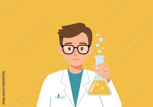 Scientist holds Erlenmeyer flask on plain background with bubbles; for education