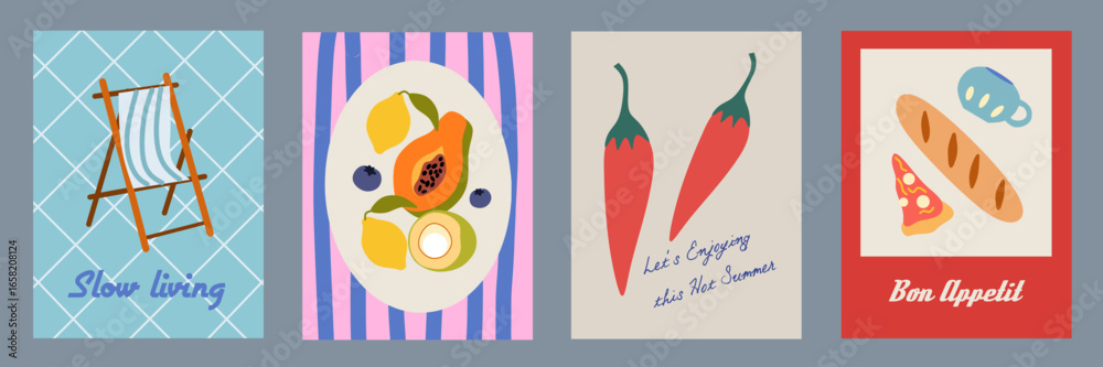 custom made wallpaper toronto digitalHand drawn la dolce vita doodles. Minimalist wall art with chair, fruits,chili, pizza, coffee. Set of mediterranean concept vector illustration for invitations, printables, social media, poster.