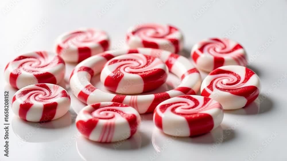 Close up of red and white peppermint candies arranged on a white reflective surface flat lay view