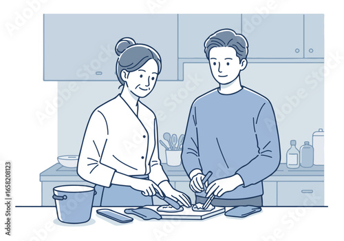 Two people preparing food in a kitchen. Background shows utensils and cupboards