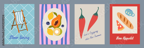 Hand drawn la dolce vita doodles. Minimalist wall art with chair, fruits,chili, pizza, coffee. Set of mediterranean concept vector illustration for invitations, printables, social media, poster.
