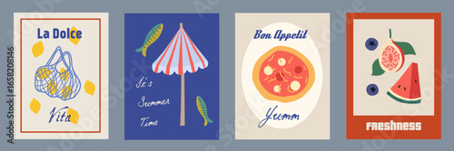 Hand drawn la dolce vita doodles. Minimalist wall art with umbrella, lemon, fish, pizza, watermelon. Set of mediterranean concept vector illustration for invitations, printables, social media, poster.