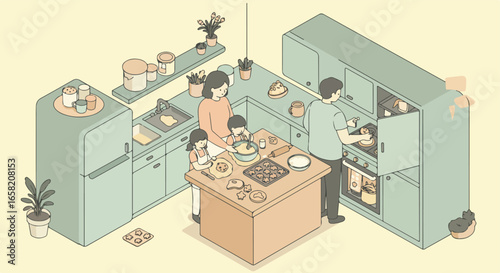 Family baking cookies together in the kitchen, baking sheet on the floor