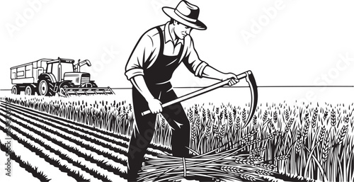 Black and white illustration of a farmer harvesting wheat with a scythe, vector art.