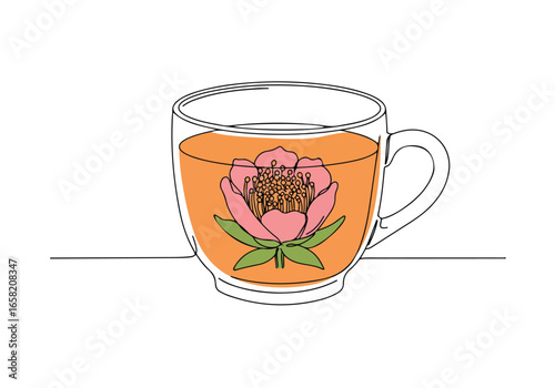 Flower brewing in a tea cup on a table, minimal background, health or tea product use