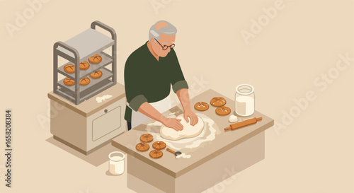 Man kneading dough on table; bread bakes, and ingredients. Could be used for recipe