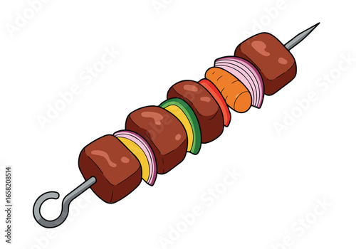 Meat & vegetable kabob skewer illustration on white. For menu or cooking concept