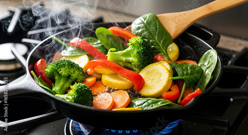 A vibrant, close-up shot of an array of fresh vegetables—including bell peppers, broccoli, and onions—sizzling in a hot pan.