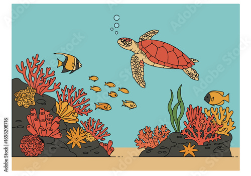Turtle Swimming in Coral Reef with Tropical Fish; underwater life illustration